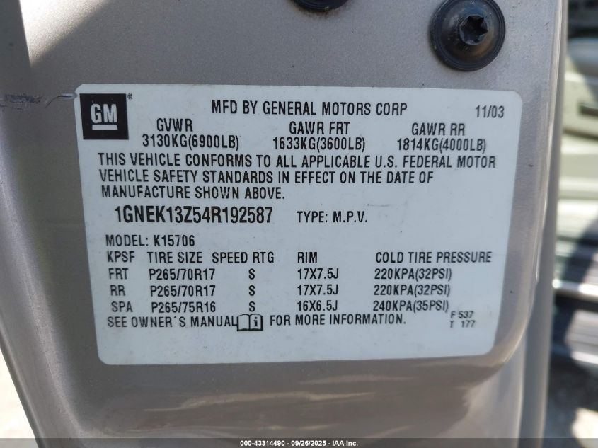 2004 Chevrolet Tahoe Lt VIN: 1GNEK13Z54R192587 Lot: 43314490