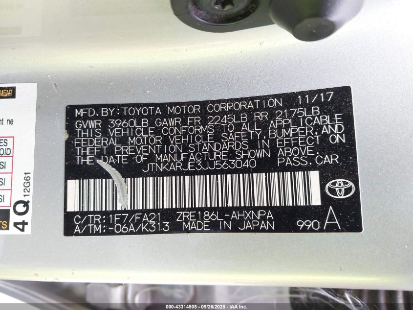 2018 Toyota Corolla Im VIN: JTNKARJE3JJ563040 Lot: 43314505