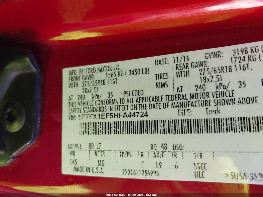 2017 Ford F-150 Xlt VIN: 1FTFX1EF5HFA44724 Lot: 43314509