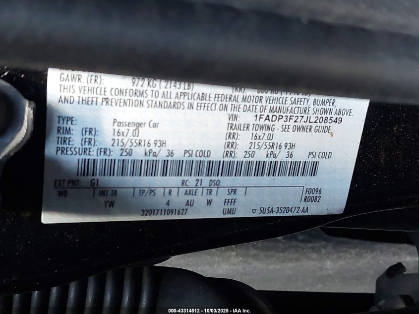 2018 Ford Focus Se VIN: 1FADP3F27JL208549 Lot: 43314512