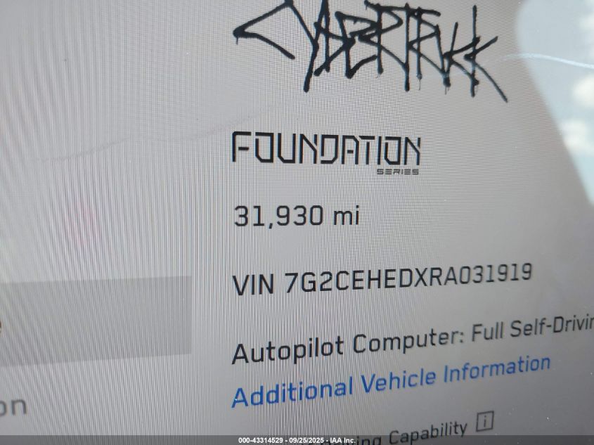 2024 Tesla Cybertruck All-Wheel Drive VIN: 7G2CEHEDXRA031919 Lot: 43314529