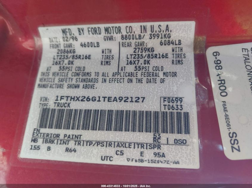 1996 Ford F250 VIN: 1FTHX26G1TEA92127 Lot: 43314533