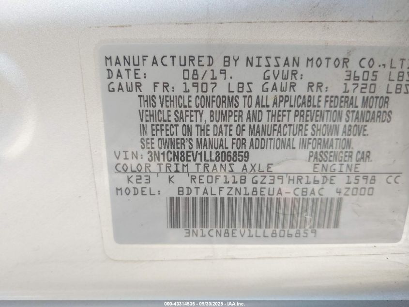 2020 Nissan Versa Sv Xtronic Cvt VIN: 3N1CN8EV1LL806859 Lot: 43314536