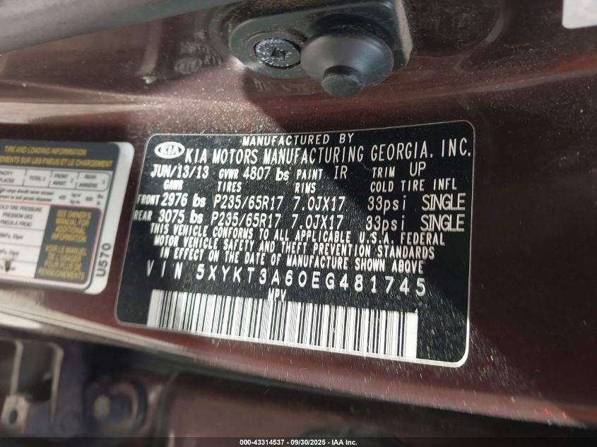 2014 Kia Sorento Lx VIN: 5XYKT3A60EG481745 Lot: 43314537