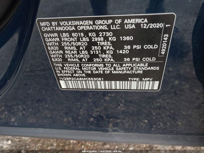 2021 Volkswagen Atlas Sel VIN: 1V2BR2CA8MC553061 Lot: 43314541
