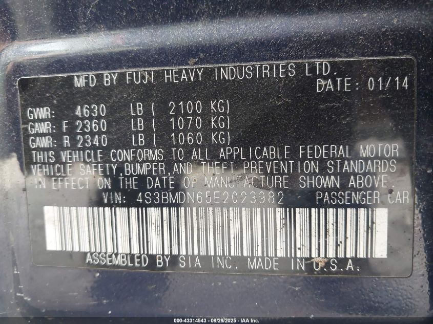 2014 Subaru Legacy 3.6R Limited VIN: 4S3BMDN65E2023982 Lot: 43314543