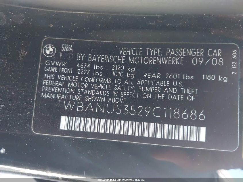 2009 BMW 528I VIN: WBANU53529C118686 Lot: 43314544