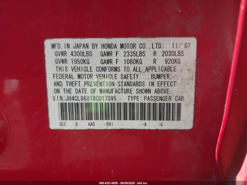 2008 Acura Tsx VIN: JH4CL96818C017095 Lot: 43314559