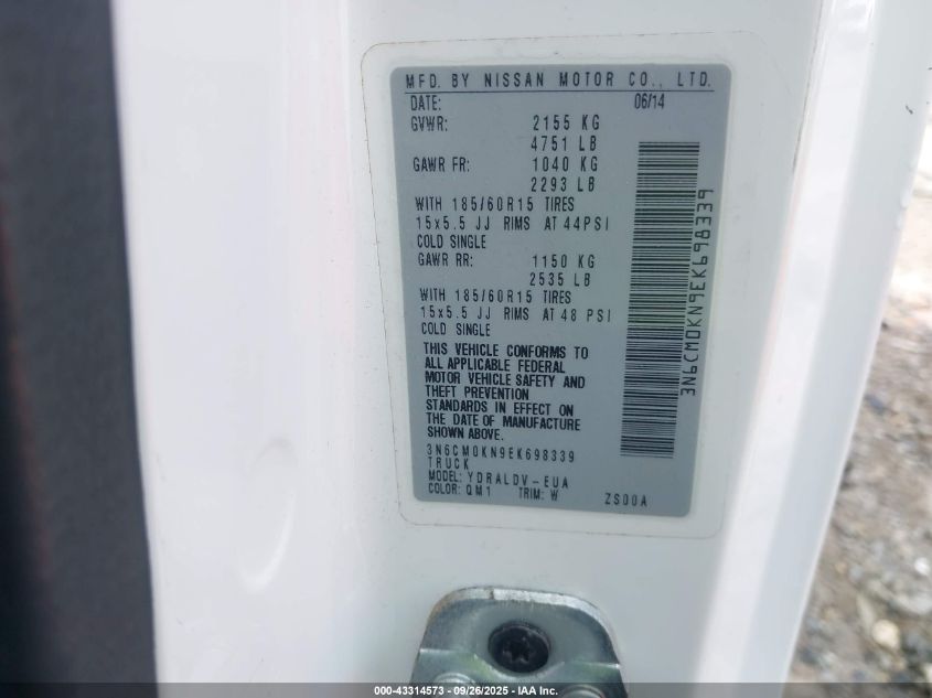 2014 Nissan Nv200 S/Sv VIN: 3N6CM0KN9EK698339 Lot: 43314573