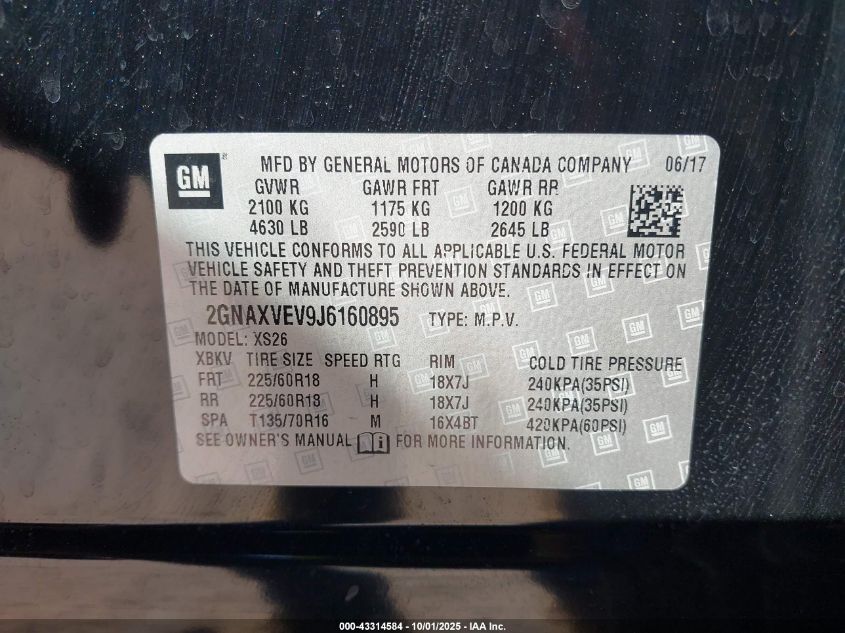 2018 Chevrolet Equinox Premier VIN: 2GNAXVEV9J6160895 Lot: 43314584