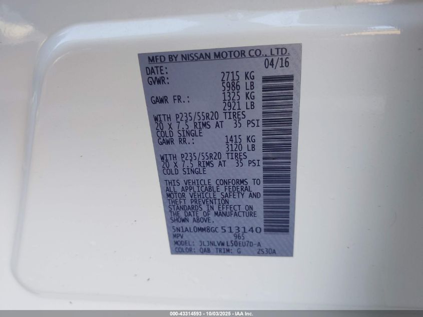 2016 Infiniti Qx60 VIN: 5N1AL0MM8GC513140 Lot: 43314593