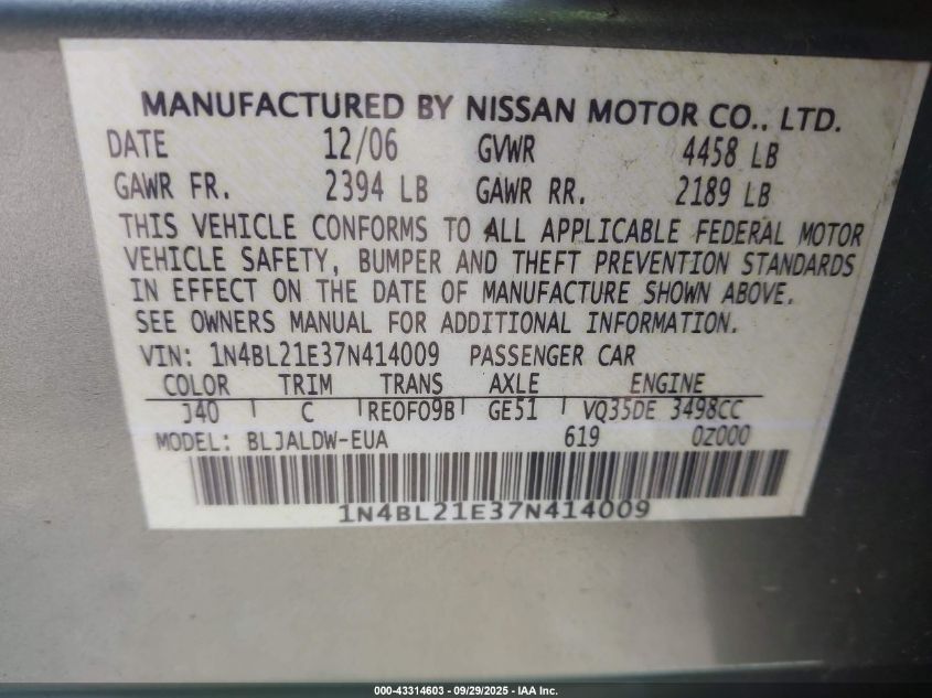 2007 Nissan Altima 3.5 Se VIN: 1N4BL21E37N414009 Lot: 43314603