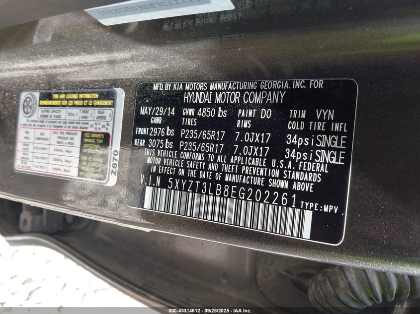 2014 HYUNDAI SANTA FE SPORT 2.4L 5XYZT3LB8EG202261