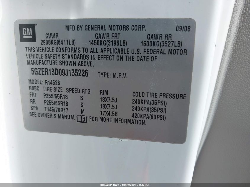 2009 Saturn Outlook Xe VIN: 5GZER13D09J135226 Lot: 43314623