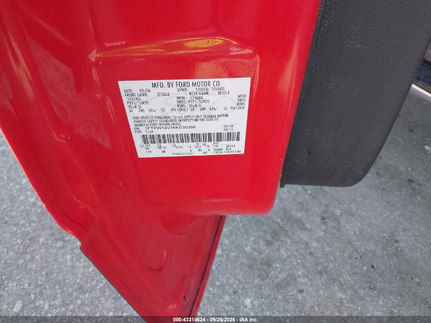 2006 Ford F-150 Fx4/Lariat/Xlt VIN: 1FTPW14V76KD30305 Lot: 43314624