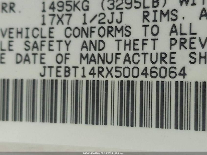 2005 Toyota 4Runner Sr5 Sport V8 VIN: JTEBT14RX50046064 Lot: 43314626