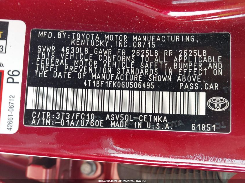 2016 Toyota Camry Le VIN: 4T1BF1FK0GU506495 Lot: 43314639