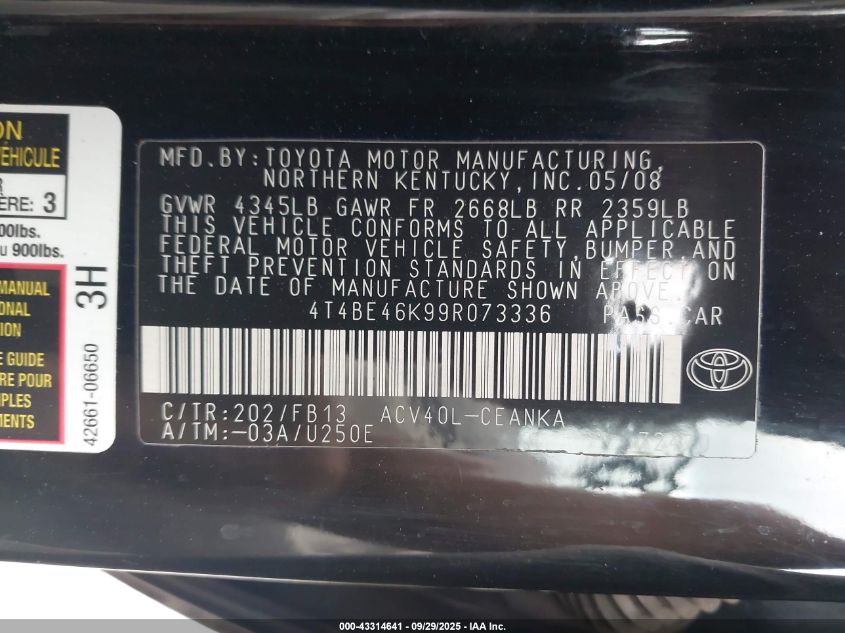 2009 Toyota Camry Le VIN: 4T4BE46K99R073336 Lot: 43314641