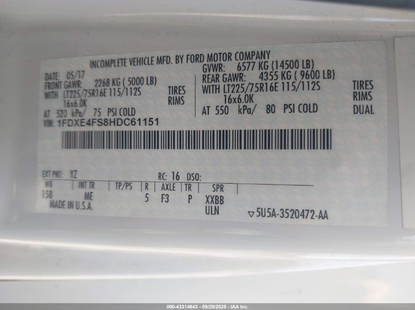 2017 Ford E-450 Cutaway VIN: 1FDXE4FS8HDC61151 Lot: 43314643