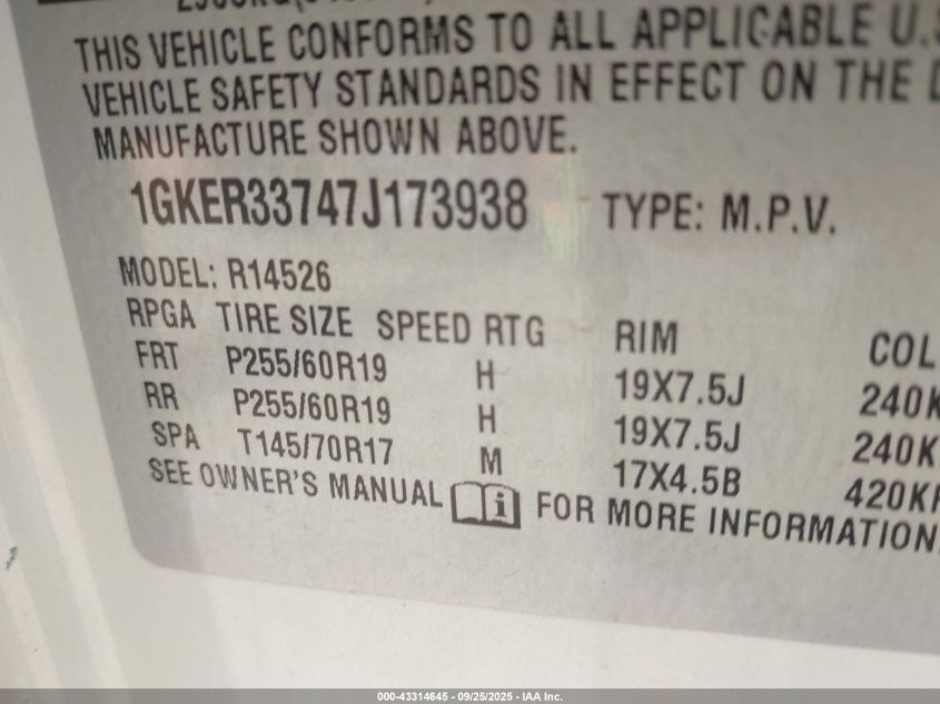 2007 GMC Acadia Slt-1 VIN: 1GKER33747J173938 Lot: 43314645