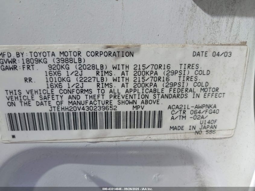 2003 Toyota Rav4 VIN: JTEHH20V430239652 Lot: 43314646