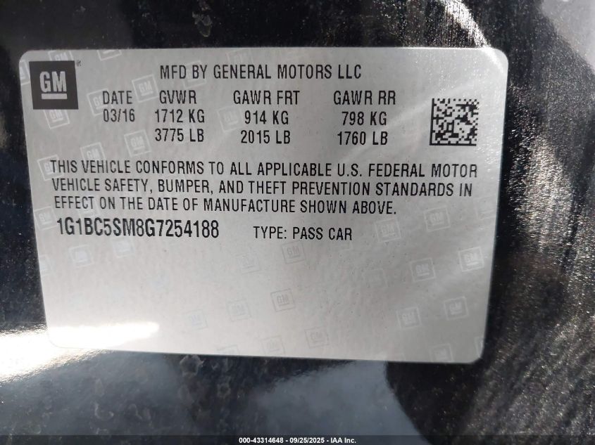 2016 Chevrolet Cruze Ls Auto VIN: 1G1BC5SM8G7254188 Lot: 43314648