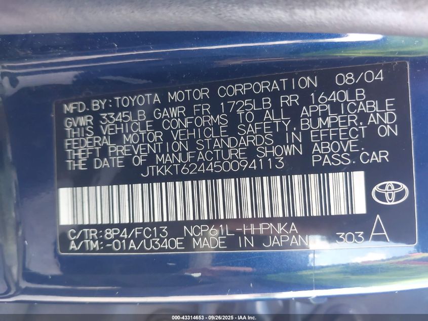 2005 Scion Xa VIN: JTKKT624450094113 Lot: 43314653