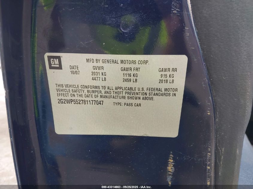 2008 Pontiac Grand Prix VIN: 2G2WP552781177047 Lot: 43314663