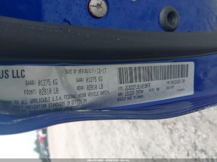 2018 Dodge Challenger R/T Scat Pack VIN: 2C3CDZFJ9JH219076 Lot: 43314665