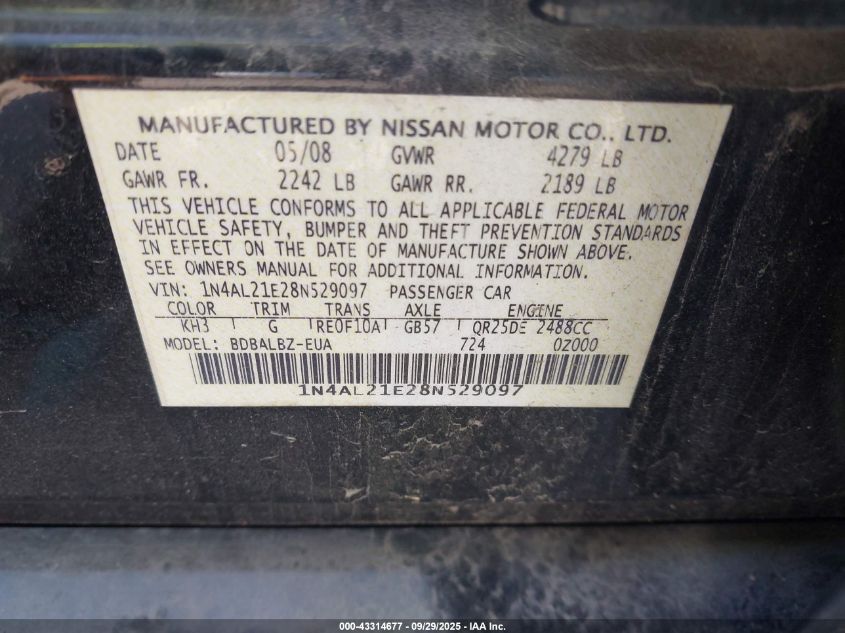 2008 Nissan Altima 2.5 S VIN: 1N4AL21E28N529097 Lot: 43314677