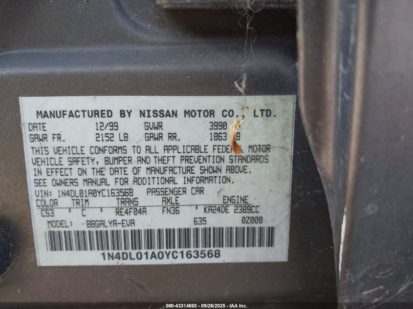 2000 Nissan Altima Gle/Gxe/Se VIN: 1N4DL01A0YC163568 Lot: 43314680