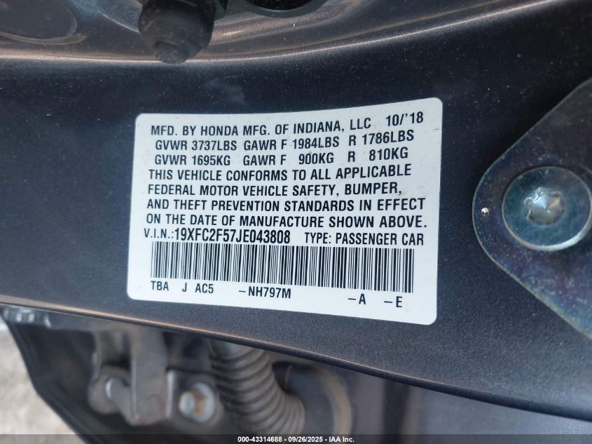 2018 Honda Civic Lx VIN: 19XFC2F57JE043808 Lot: 43314688