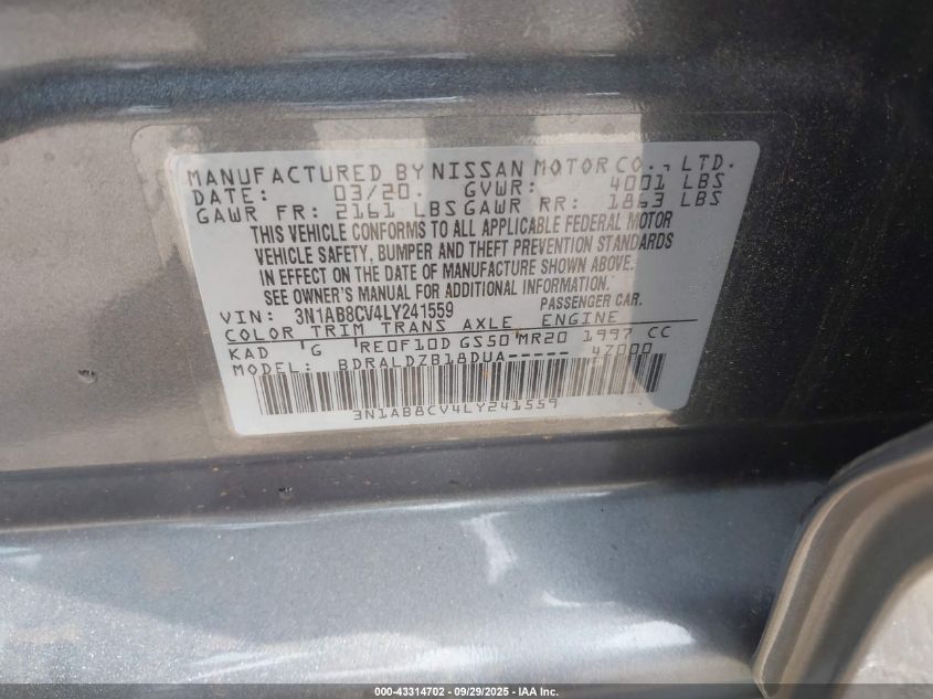 2020 Nissan Sentra Sv Xtronic Cvt VIN: 3N1AB8CV4LY241559 Lot: 43314702