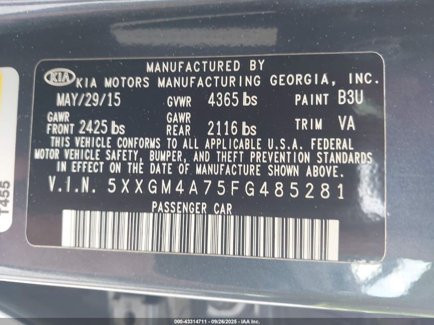 2015 Kia Optima Lx VIN: 5XXGM4A75FG485281 Lot: 43314711