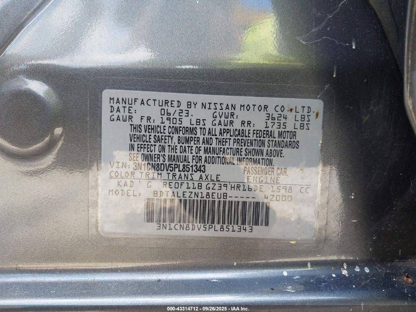 2023 Nissan Versa 1.6 S Xtronic Cvt VIN: 3N1CN8DV5PL851343 Lot: 43314712