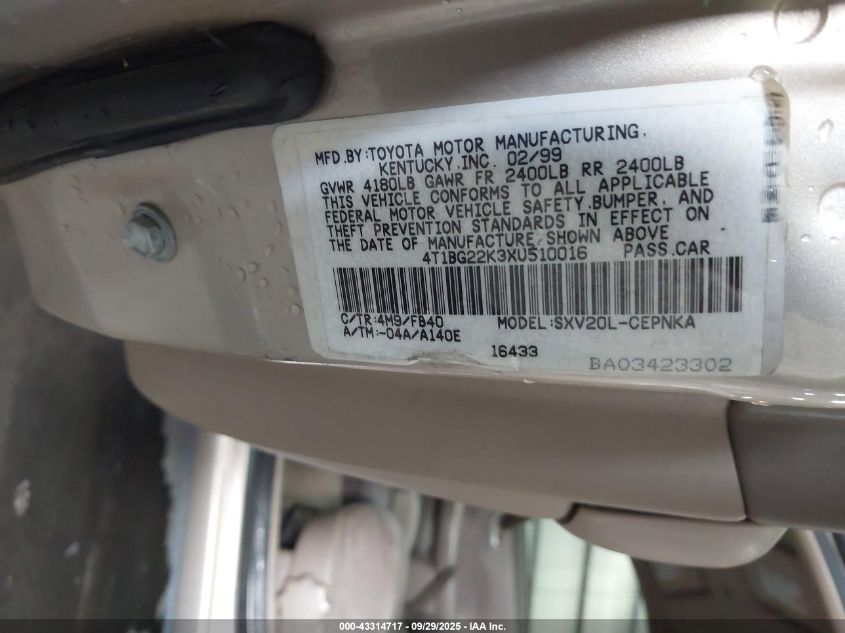 1999 Toyota Camry Le VIN: 4T1BG22K3XU510016 Lot: 43314717