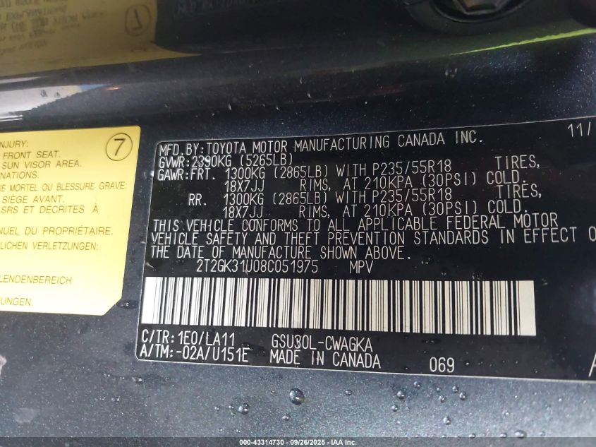 2008 Lexus Rx 350 VIN: 2T2GK31U08C051975 Lot: 43314730