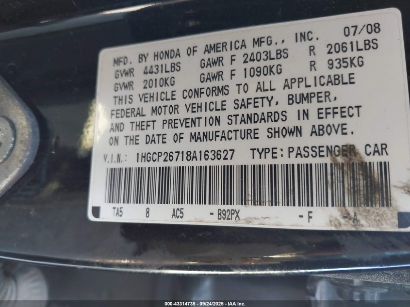 2008 Honda Accord 2.4 Ex VIN: 1HGCP26718A163627 Lot: 43314735