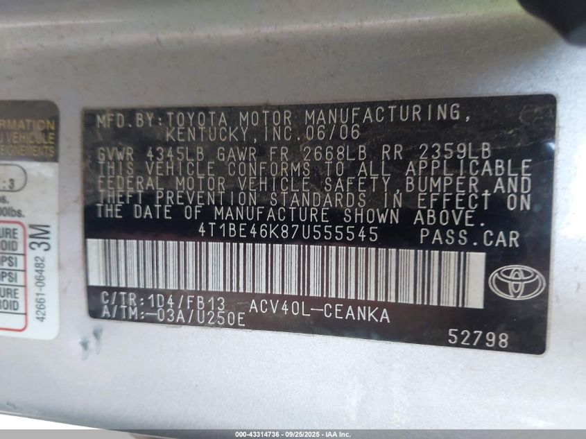 2007 Toyota Camry Le VIN: 4T1BE46K87U555545 Lot: 43314736