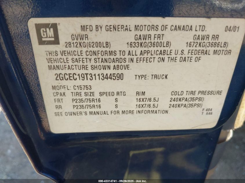 2001 Chevrolet Silverado 1500 Ls VIN: 2GCEC19T311344590 Lot: 43314741