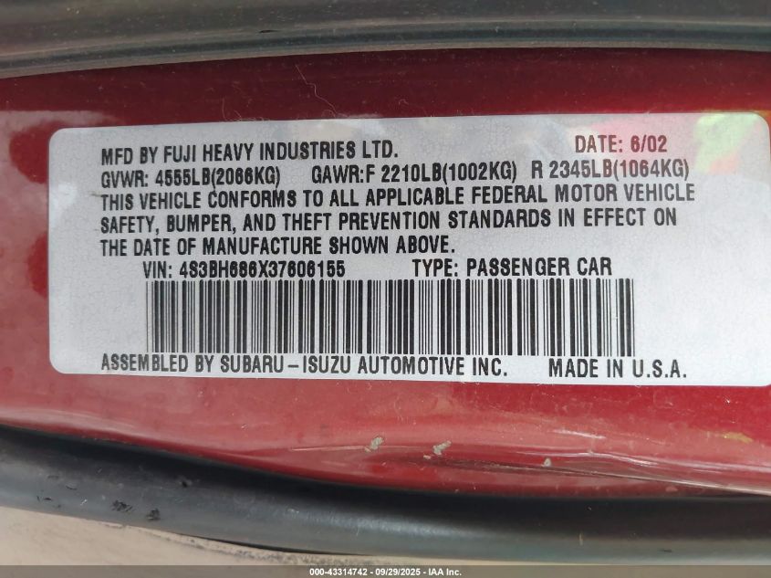 2003 Subaru Outback Limited VIN: 4S3BH686X37606155 Lot: 43314742