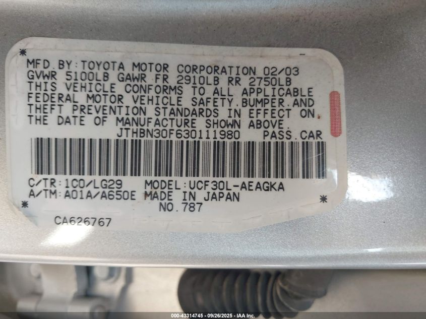 2003 Lexus Ls 430 VIN: JTHBN30F630111980 Lot: 43314745