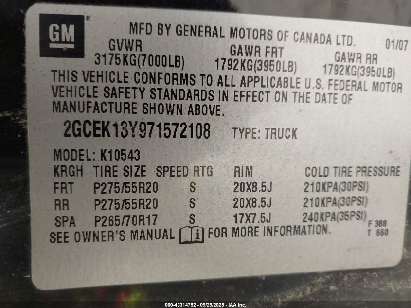 2007 Chevrolet Silverado 1500 Ltz VIN: 2GCEK13Y971572108 Lot: 43314752