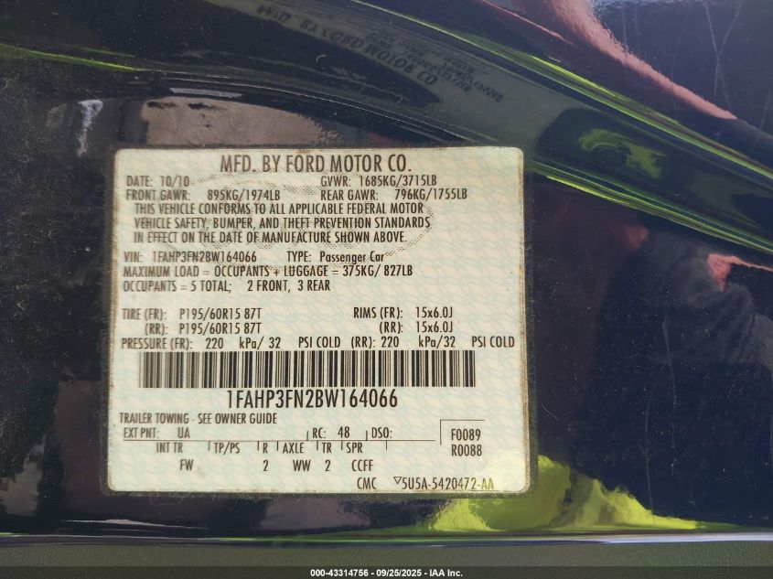 2011 Ford Focus Se VIN: 1FAHP3FN2BW164066 Lot: 43314756