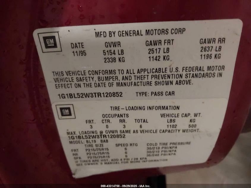 1996 Chevrolet Caprice Classic VIN: 1G1BL52W3TR120852 Lot: 43314758