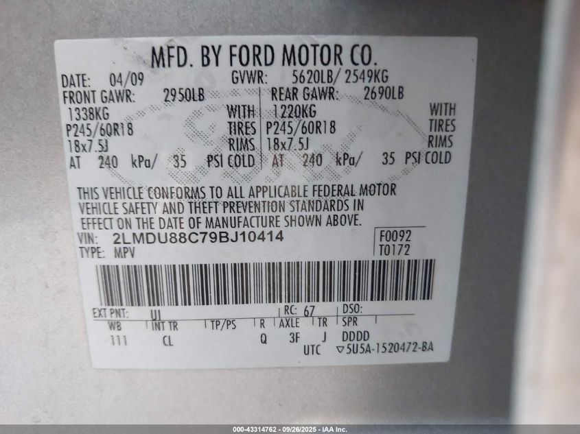 2009 Lincoln Mkx VIN: 2LMDU88C79BJ10414 Lot: 43314762