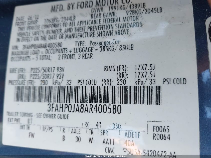 2010 Ford Fusion Sel VIN: 3FAHP0JA8AR400580 Lot: 43314768