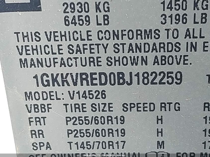 2011 GMC Acadia Slt-1 VIN: 1GKKVRED0BJ182259 Lot: 43314772