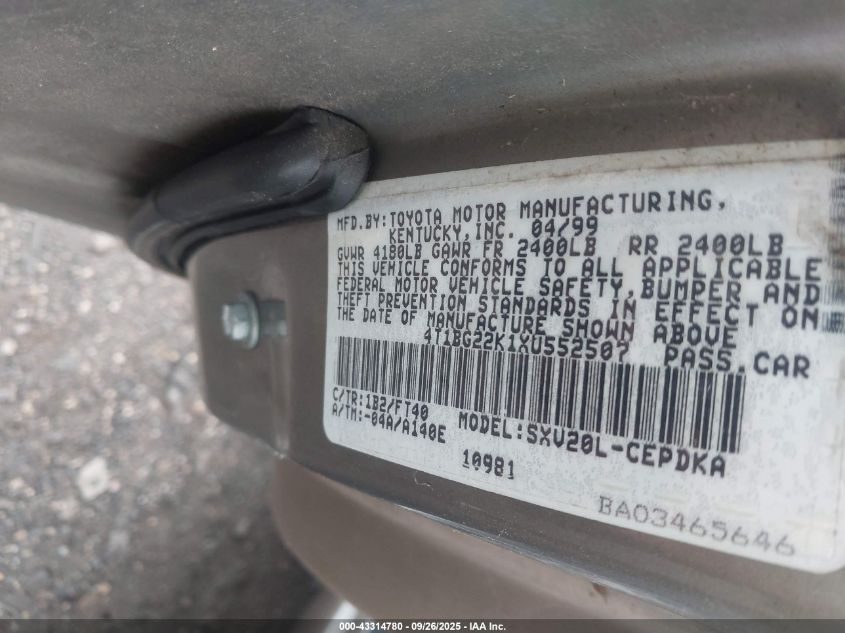 1999 Toyota Camry Ce VIN: 4T1BG22K1XU552507 Lot: 43314780