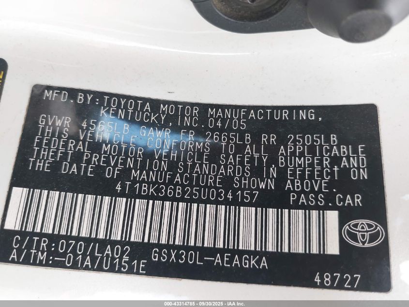 2005 Toyota Avalon Xls VIN: 4T1BK36B25U034157 Lot: 43314785